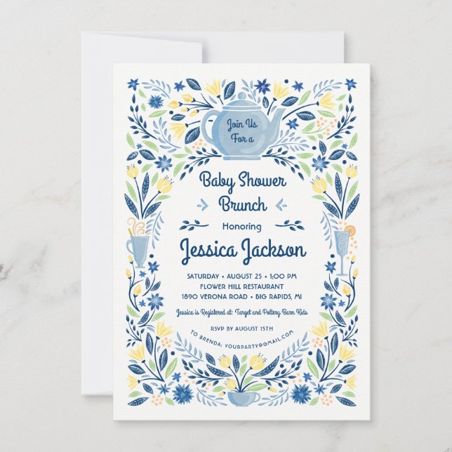 Baby shower de charme Brunch Invitation Bleu (Devant)