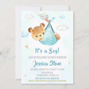 Baby shower de cigogne Invitation Garçon bébé ours