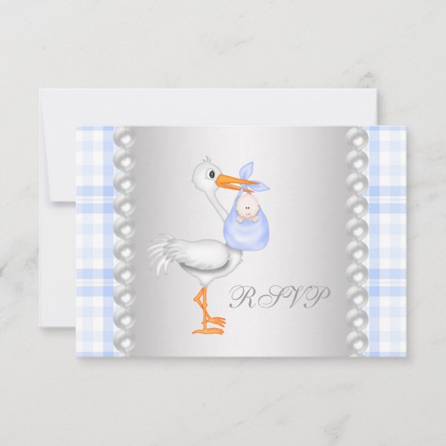 Baby shower de cigogne Pearls Blue En vichy RSVP (Devant)