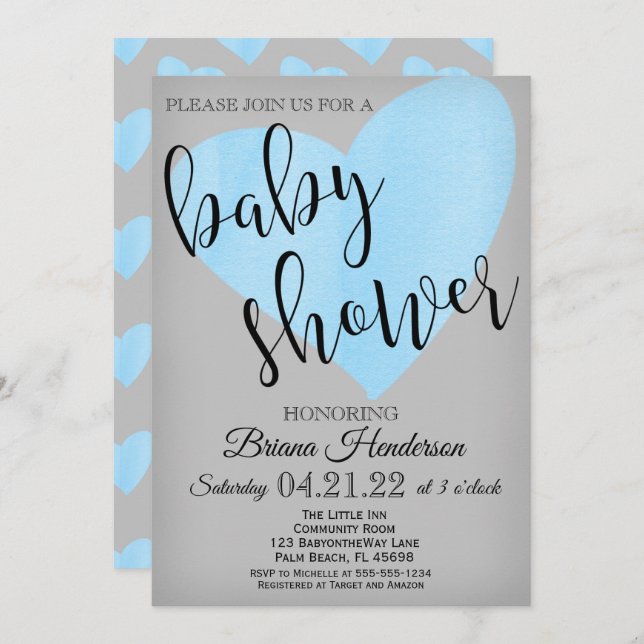 Baby shower de coeur bleu Invitation pour un scrip (Devant / Derrière)