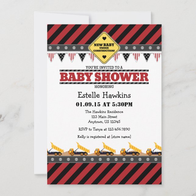 Baby shower de construction rouge Invitation (Devant)