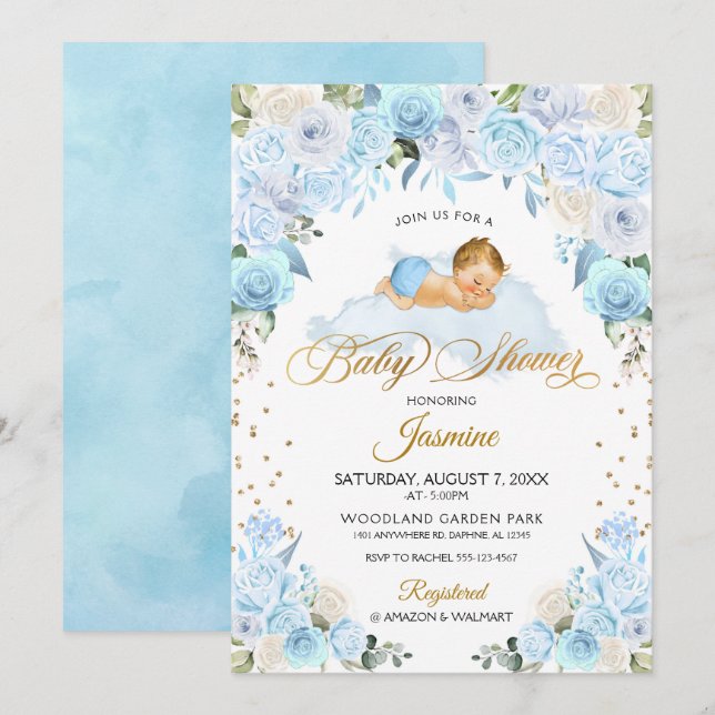 Baby shower de couchage Floral bleu Invitation (Devant / Derrière)