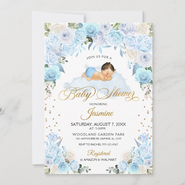 Baby shower de couchage Floral bleu Invitation (Devant)
