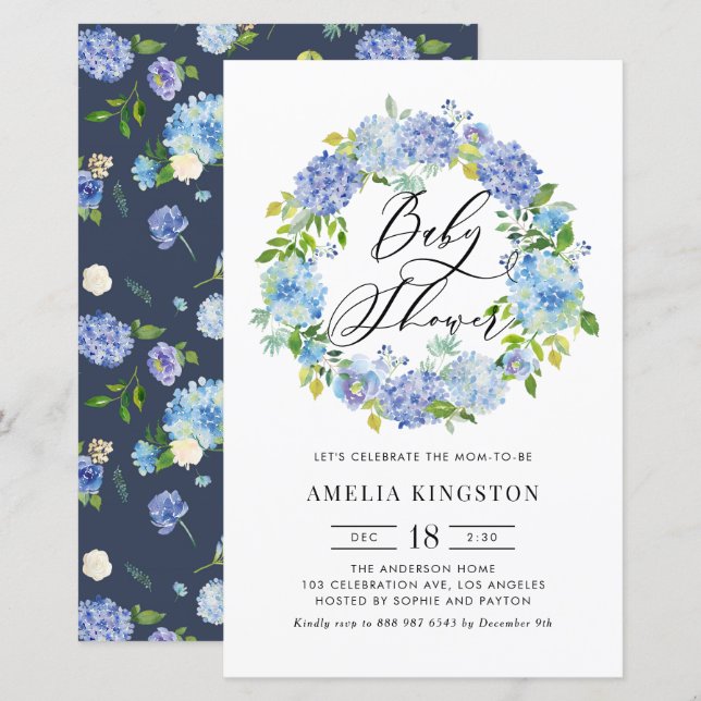 Baby shower de couronne bleu Hydrangea Invitation (Devant / Derrière)