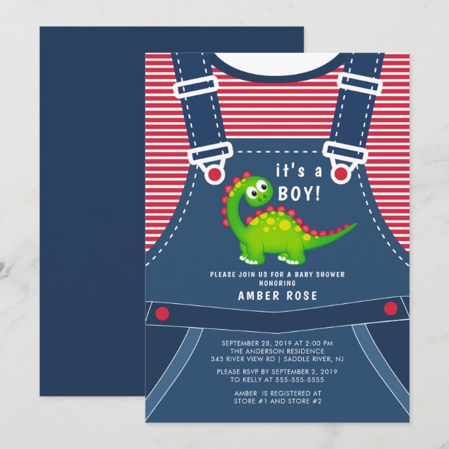 Baby shower de dinosaure vert mignon Invitation (Devant / Derrière)