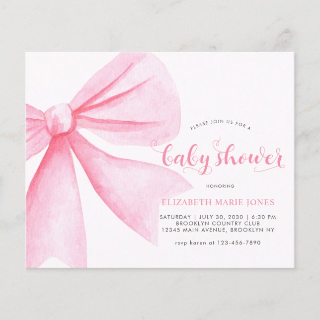 Baby shower de fille à ruban à aquarelle rose budg (Devant)