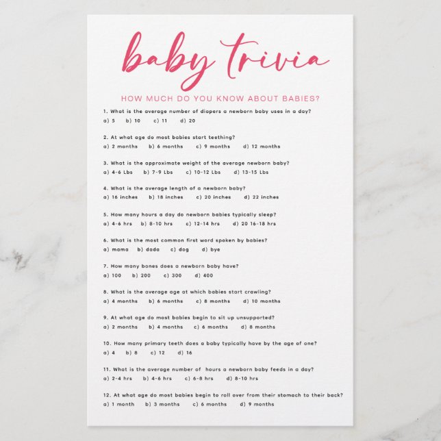 Baby shower de Flamant rose tropical Trivia Game C (Devant)