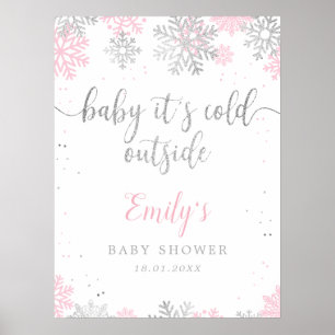 Baby shower de flocons d'argent rose Affiche de bi