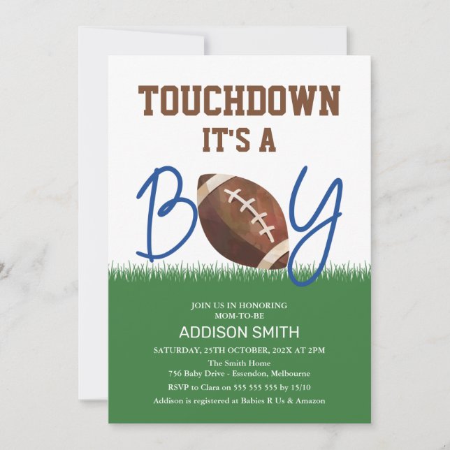 Baby shower de football Brown bleu Invitation (Devant)