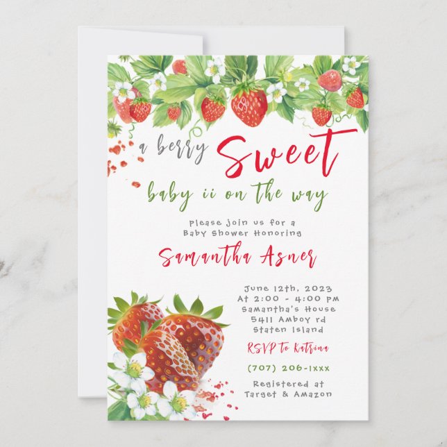 Baby shower de fraise Invitation fille (Devant)