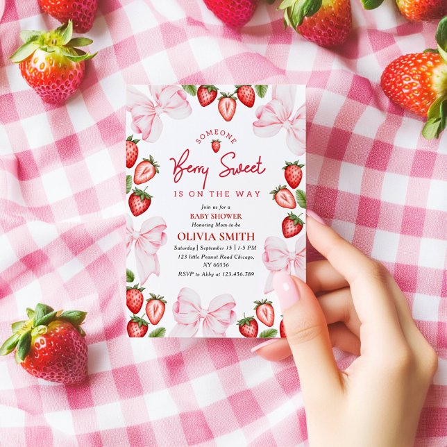 Baby shower de fraise rose Bow Invitation Girl (Créateur téléchargé)