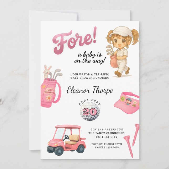 Baby shower de golf rose Invitation Rose (Devant)