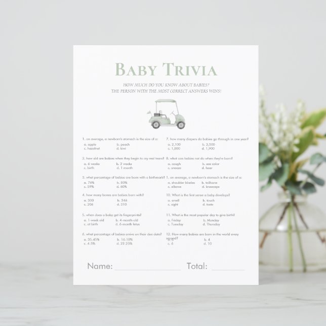 baby shower de golf vert sauge jeu trivia (Debout devant)