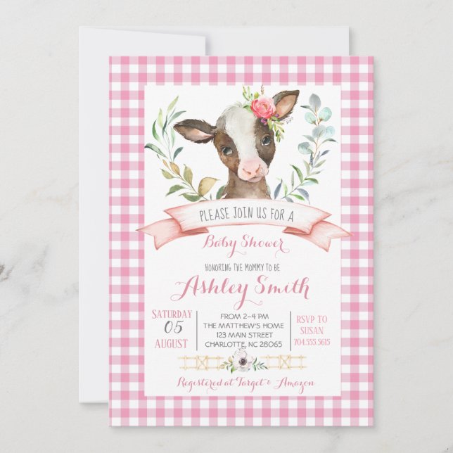 baby shower de la ferme de vache Invitation fille  (Devant)