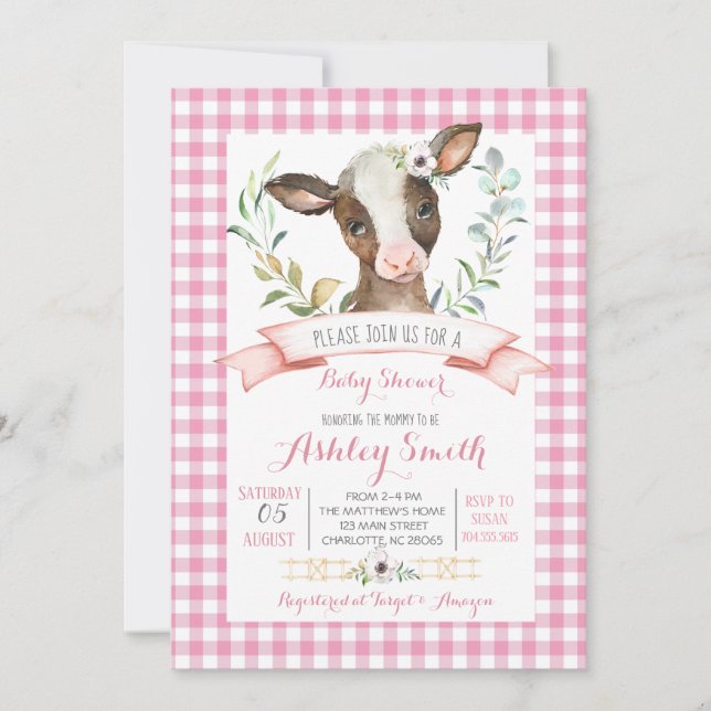 baby shower de la ferme de vache Invitation fille  (Devant)
