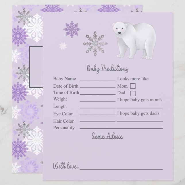 Baby shower de l'ours polaire pourpre Prédictions  (Devant / Derrière)