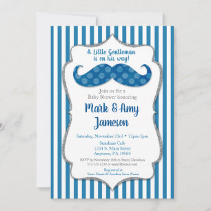 Baby shower de moustache Invitation Bleu bandes