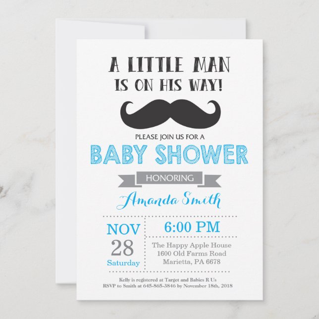 Baby shower de moustache Invitation bleu et gris (Devant)