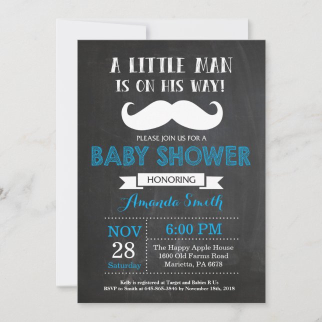 Baby shower de moustache Invitation bleu et gris (Devant)