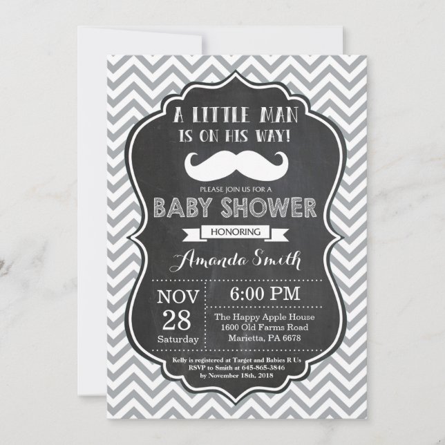 Baby shower de moustache Invitation noir et gris (Devant)