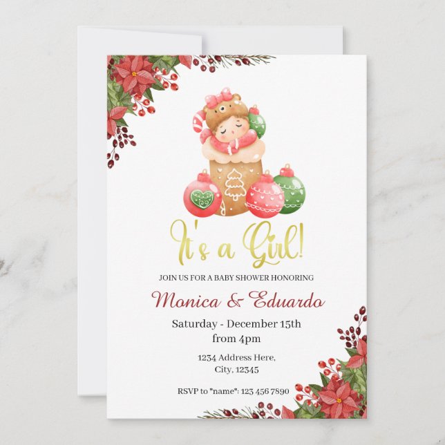 Baby shower de Noël C'est une invitation de fille (Devant)