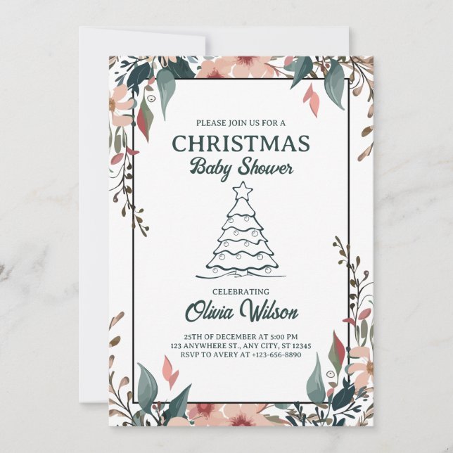 Baby shower de Noël Floral Invitation Rose blanc (Devant)