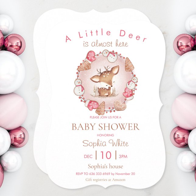 Baby shower de Noël rose cerf mignon Invitation (Pink Christmas baby shower invitation with a cute baby deer)