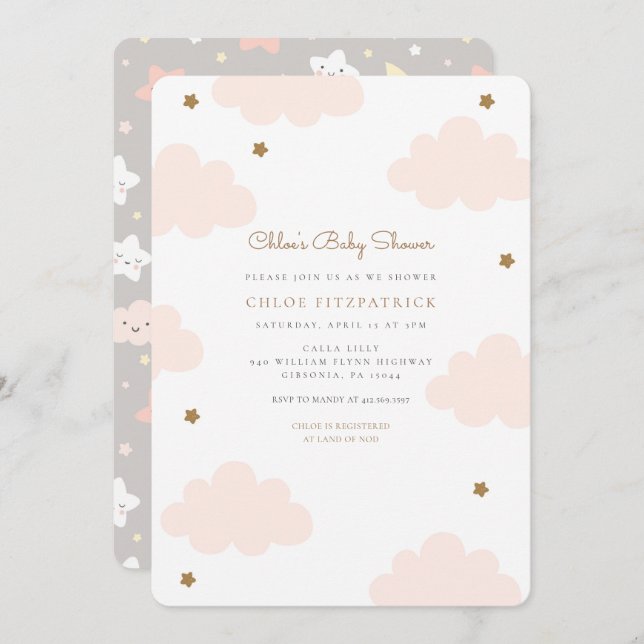Baby shower de nuages roses doux Invitation rose (Devant / Derrière)