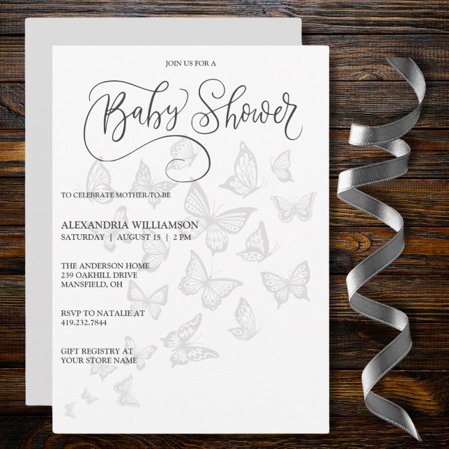 Baby shower de papillons gris moderne Invitation (Also available with QR code. )