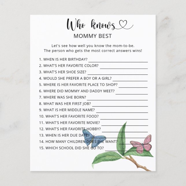 Baby shower de papillons, qui connaît maman mieux (Devant)