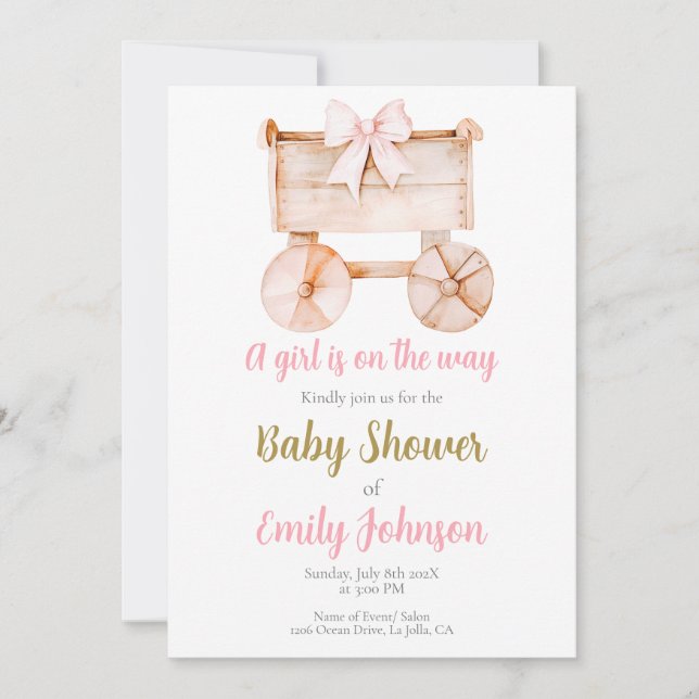 Baby shower de poussette en bois Invitation fille (Devant)