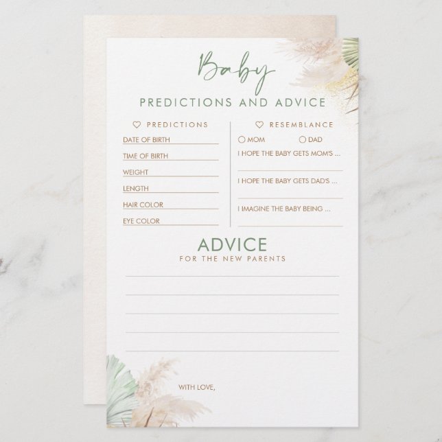 Baby shower de prédictions et conseils pour bébés  (Devant / Derrière)