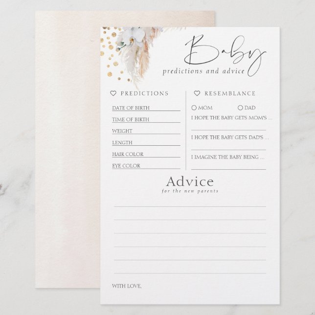 Baby shower de prédictions et conseils pour bébés  (Devant / Derrière)