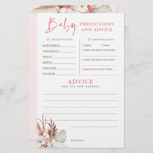 Baby shower de prédictions et conseils pour bébés  (Devant / Derrière)