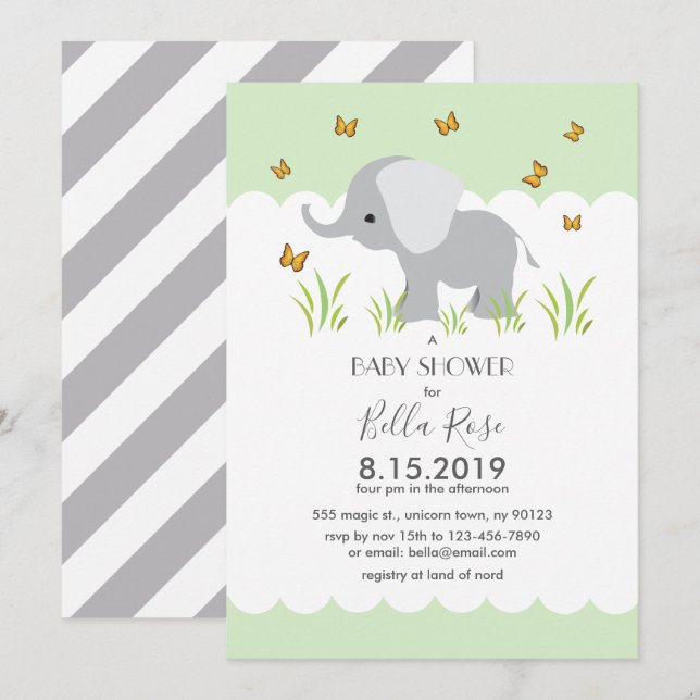 Baby shower de rayures gris éléphant Invitation (Devant / Derrière)