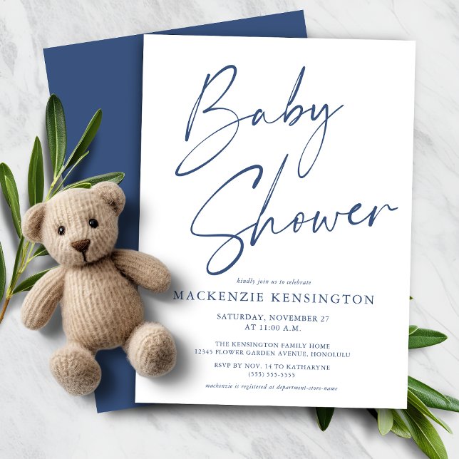 Baby shower de script manuscrit bleu moderne Budge (Budget Blue Simple Script Baby Boy Shower Invitation)