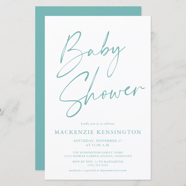 Baby shower de script Turquoise bleu simple Budget (Devant / Derrière)