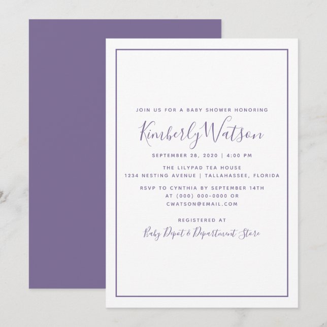 Baby shower de simplicité Invitation | Violet (Devant / Derrière)