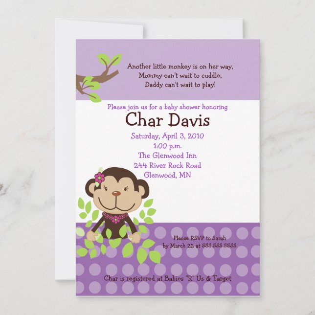 Baby shower de singe mignon Invitation fille viole (Devant)