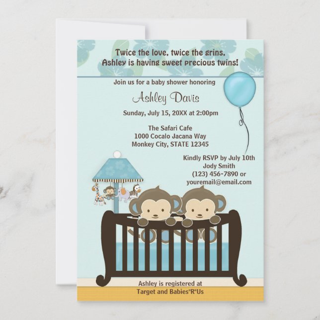 Baby shower de singe TWINS Invitation Crib BLUE CJ (Devant)