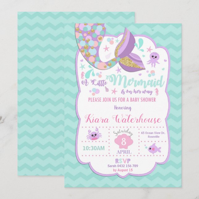Baby shower de sirènes Invitation Baby Girl Party (Devant / Derrière)