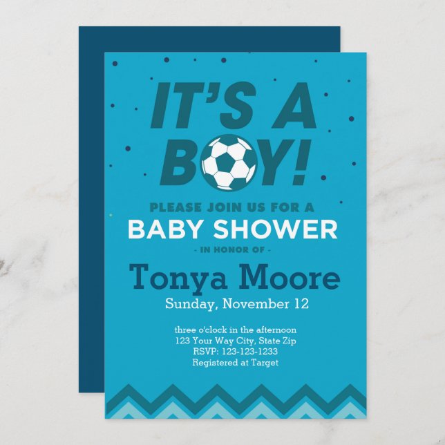 Baby shower de soccer bleu foncé Invitation (Devant / Derrière)