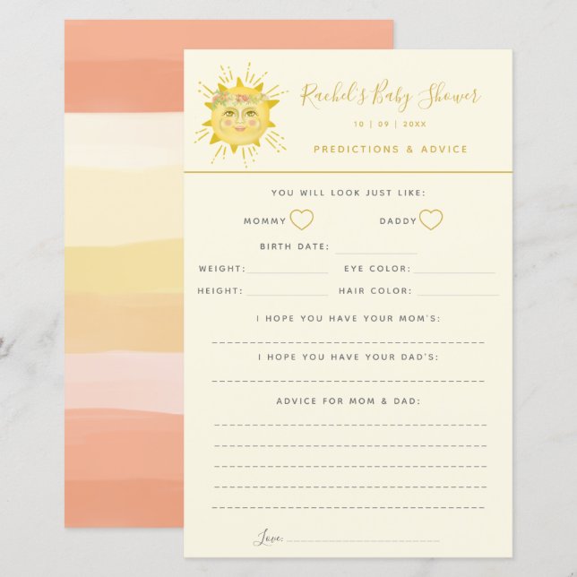 Baby shower de soleil mignon Conseils et prédictio (Devant / Derrière)