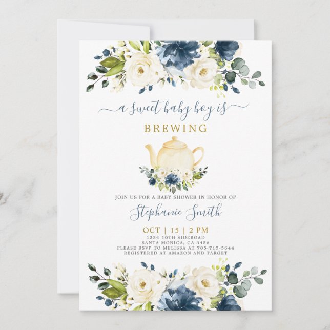 Baby shower de théière Invitation garçon (Devant)