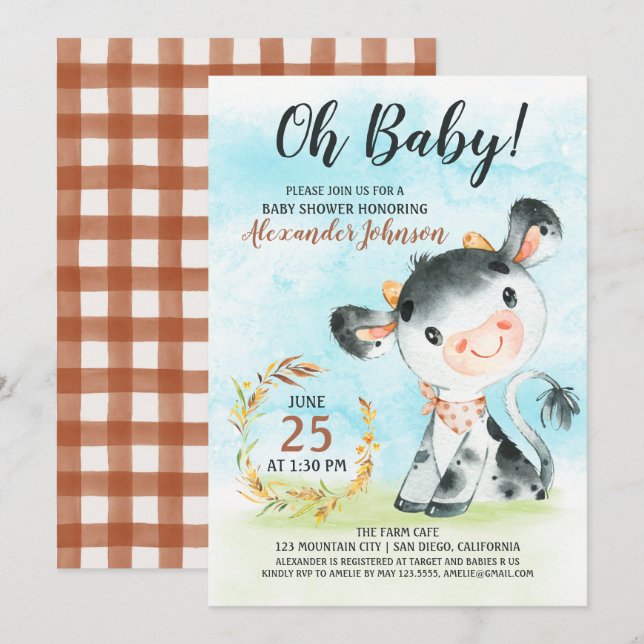 Baby shower de vaches d'aquarelle Invitation à la  (Devant / Derrière)