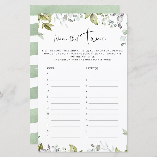 Baby shower de verdure Nom du jeu qui tonifie (Devant / Derrière)