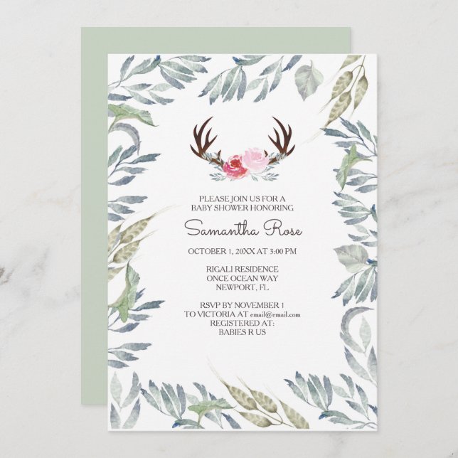 BABY SHOWER DEER ANTLER Invitation - Fille (Devant / Derrière)