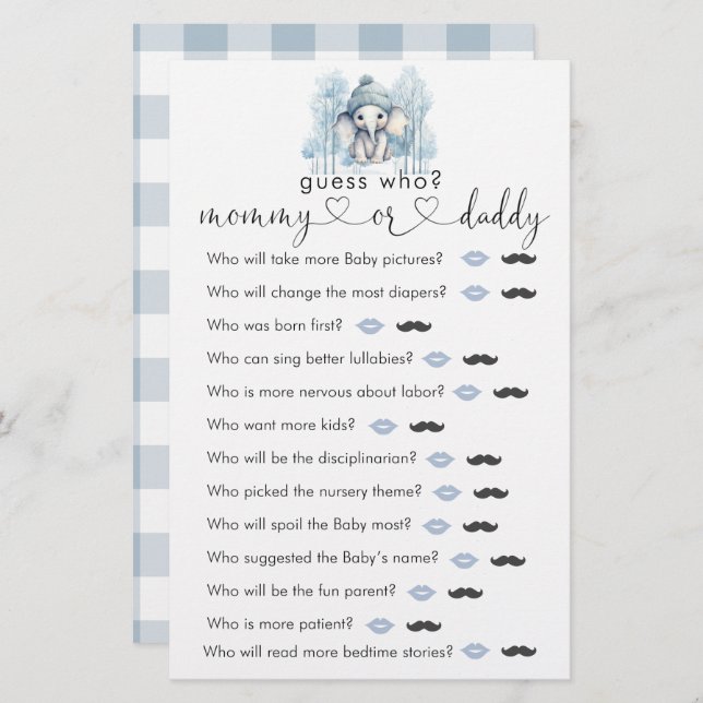 Baby shower d'éléphant d'hiver "Devinez qui" Jeu (Devant / Derrière)