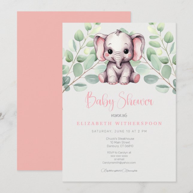 baby shower d'éléphant d'inde Invitation chic élég (Devant / Derrière)