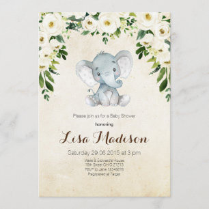 Baby shower d'éléphant floral blanc Invitation